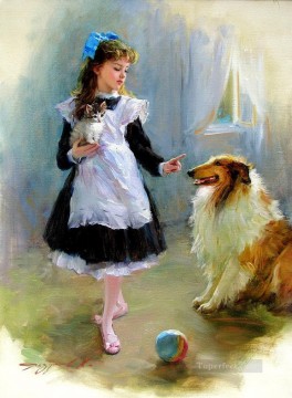 女の子と犬子猫 KR 002 ペットキッズ Oil Paintings
